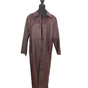 Brandon Thomas Leather Trench Coat Womens M Burgundy Plum Long Vintage Y2K Chic